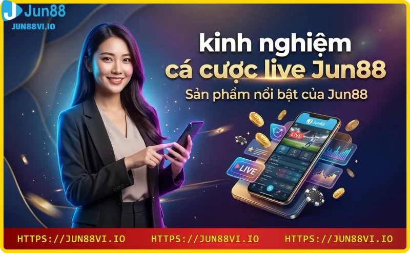 Ba sản phẩm cá cược nổi bật tại Jun88: thể thao, casino trực tuyến và esports được thể hiện qua hình ảnh neon sống động.