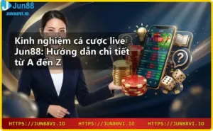 Ba sản phẩm cá cược nổi bật tại Jun88: thể thao, casino trực tuyến và esports được thể hiện qua hình ảnh neon sống động.