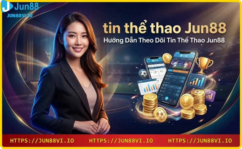 Điện thoại hiển thị ứng dụng tin thể thao Jun88 với nền mờ sân bóng đá