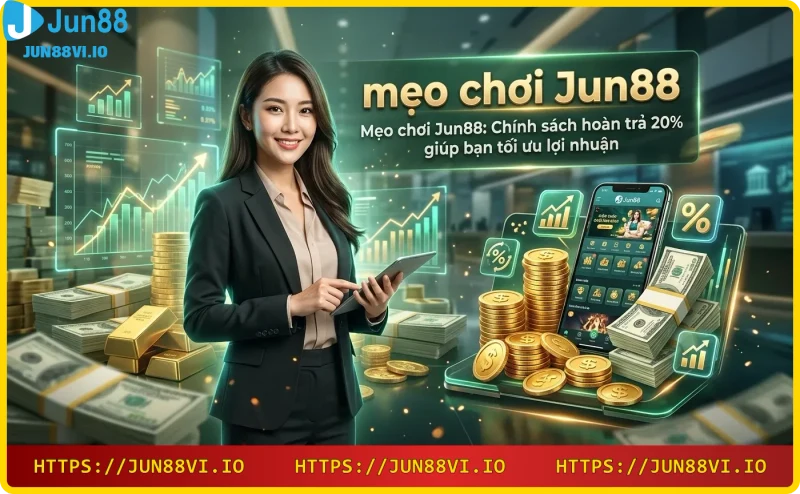 Đống tiền vàng phát sáng với biểu tượng hoàn trả 20%, minh họa chính sách ưu đãi hấp dẫn tại Jun88
