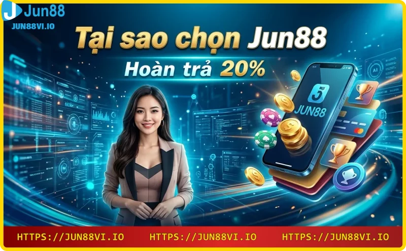 Đồng xu vàng phát sáng với tỷ lệ hoàn trả 20% trên nền chip casino, thể hiện chính sách ưu đãi hấp dẫn.