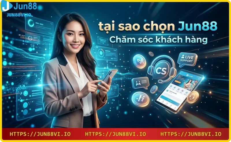 Giao diện hỗ trợ khách hàng 24/7 của Jun88 với biểu tượng tai nghe và hộp thoại trò chuyện.