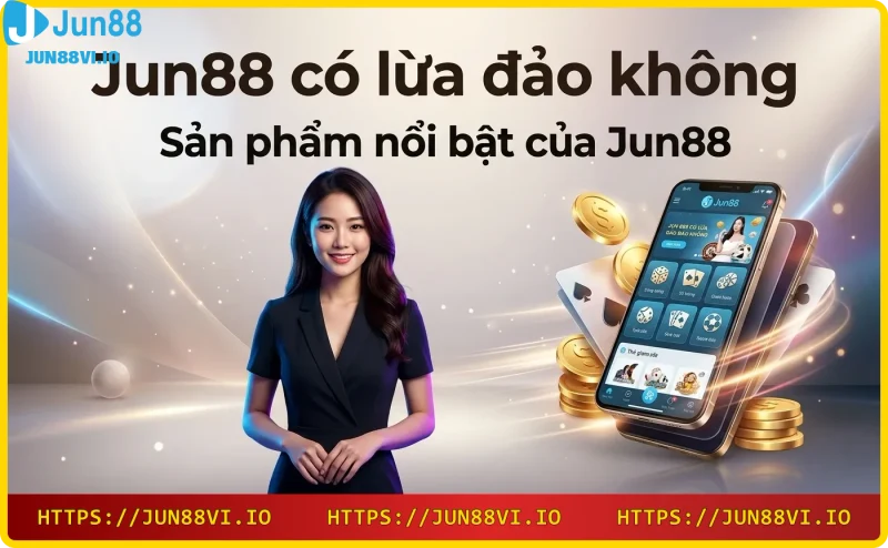 Hình ảnh các sản phẩm cá cược nổi bật của Jun88 bao gồm thể thao, casino và slot game