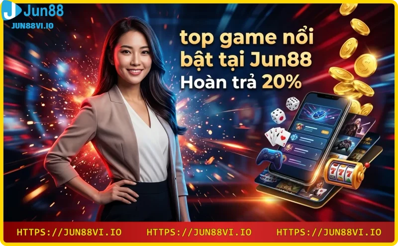 Khuyến mãi hoàn trả 20% cho mọi người chơi tại Jun88, biểu tượng ví vàng và xu hoàn về, không gian casino hiện đại