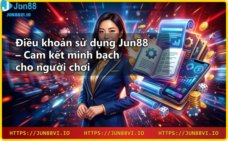 Phụ nữ châu Á giới thiệu giao diện casino Jun88 với biểu tượng cá cược và slot game