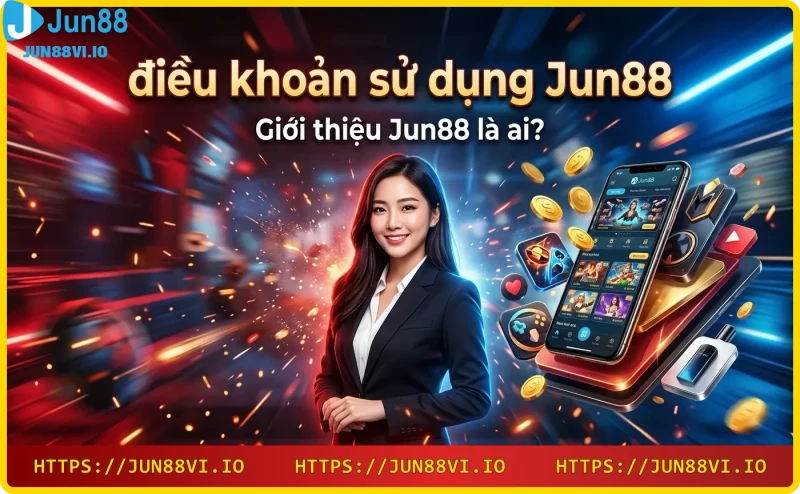 Phụ nữ châu Á giới thiệu giao diện casino Jun88 với biểu tượng cá cược và slot game