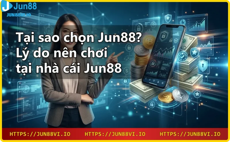 Sảnh casino Jun88 sang trọng với biểu tượng sản phẩm cá cược thể thao, casino, slot game và xổ số.