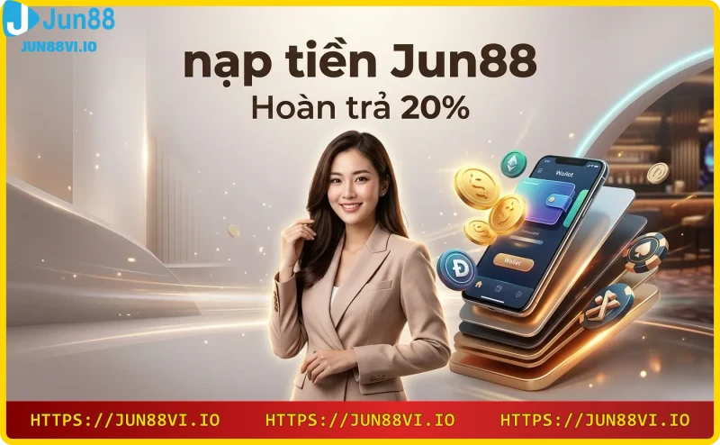 Ưu đãi hoàn trả 20% khi nạp tiền Jun88 với hình ảnh đồng xu vàng và nhãn khuyến mãi